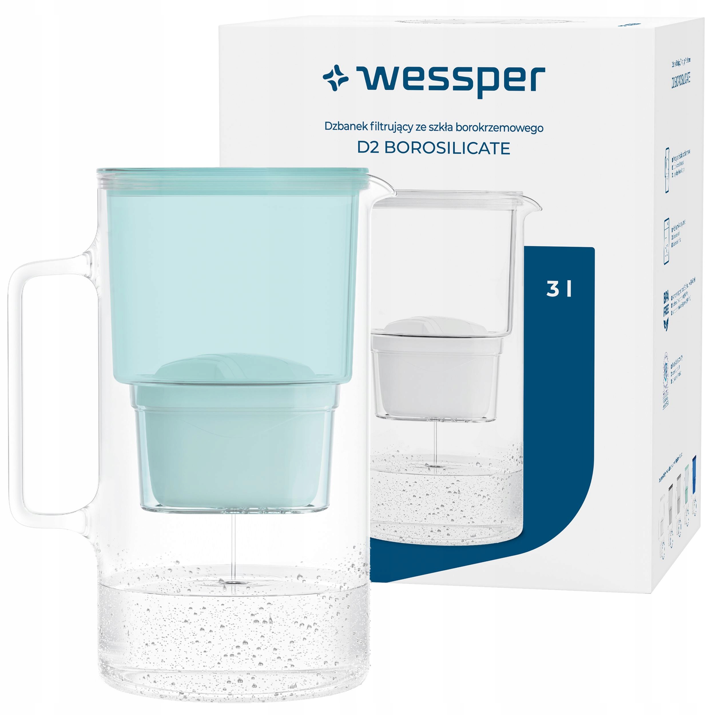 Szklany dzbanek filtrujący Wessper D2 Borosilicate 3l miętowy 1x filtr