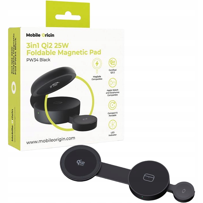 Indukční nabíječka Qi2.2 25W, rychlá Mobile Origin, skládací, štíhlá, 3v1