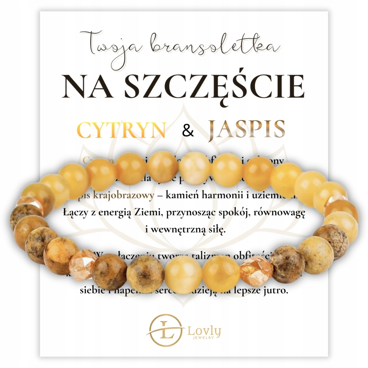 BRANSOLETKA SZCZĘŚCIA NATURALNY KAMIEŃ CYTRYN JASPIS NA GUMCE AMULET