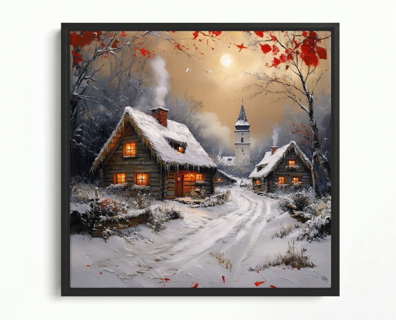 Obraz Rám Americký Box Zima Sníh Mráz Vesnice Kostel Cesta 40x40