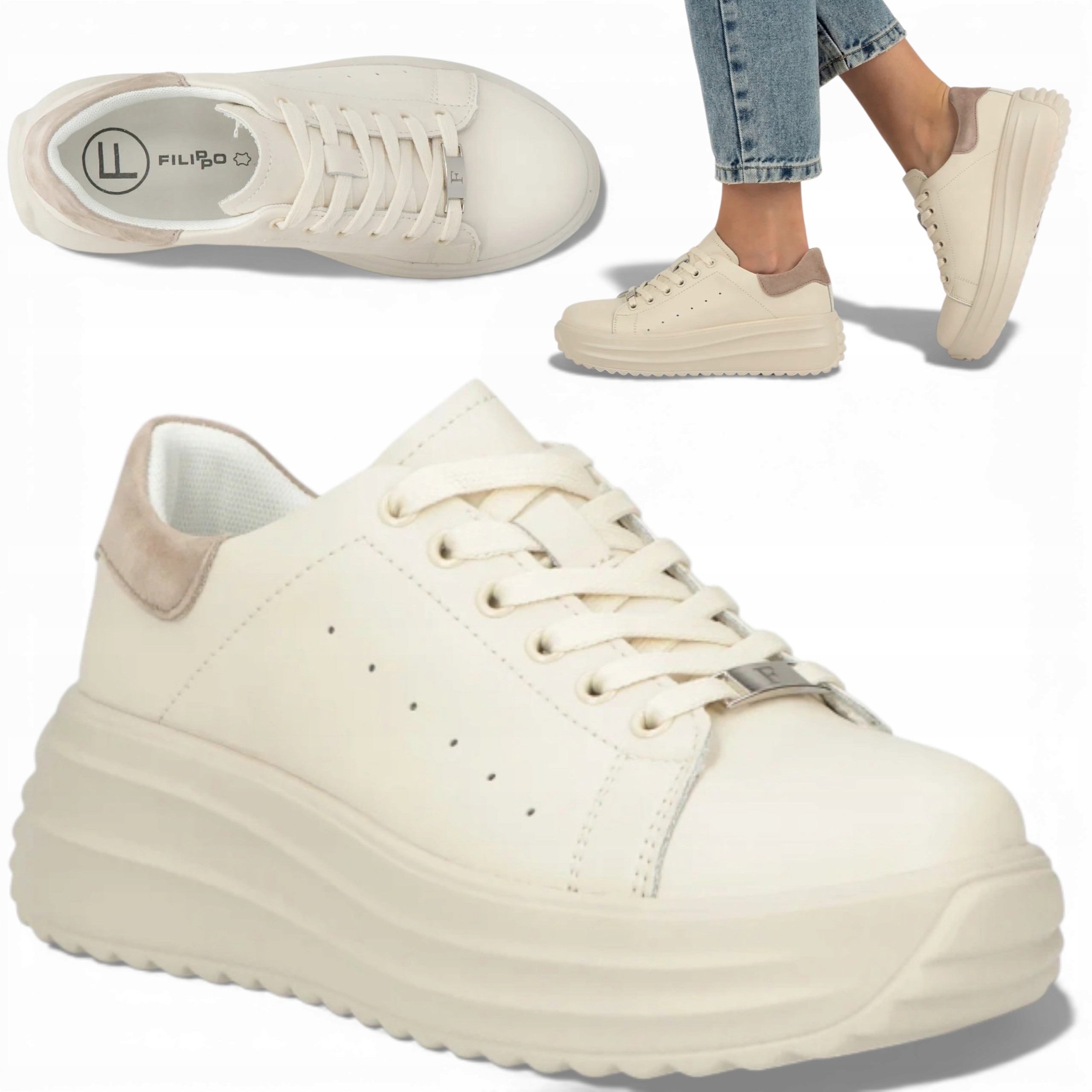 Dámské kožené tenisky Filippo 38 Pohodlné polobotky na platformě, béžové