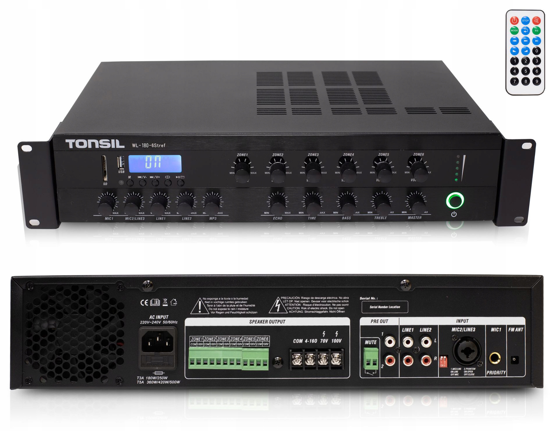 Zesilovač Tonsil Wl 180W Profesionální 100V Bluetooth Bt Fm Usb 2U 6 Zón