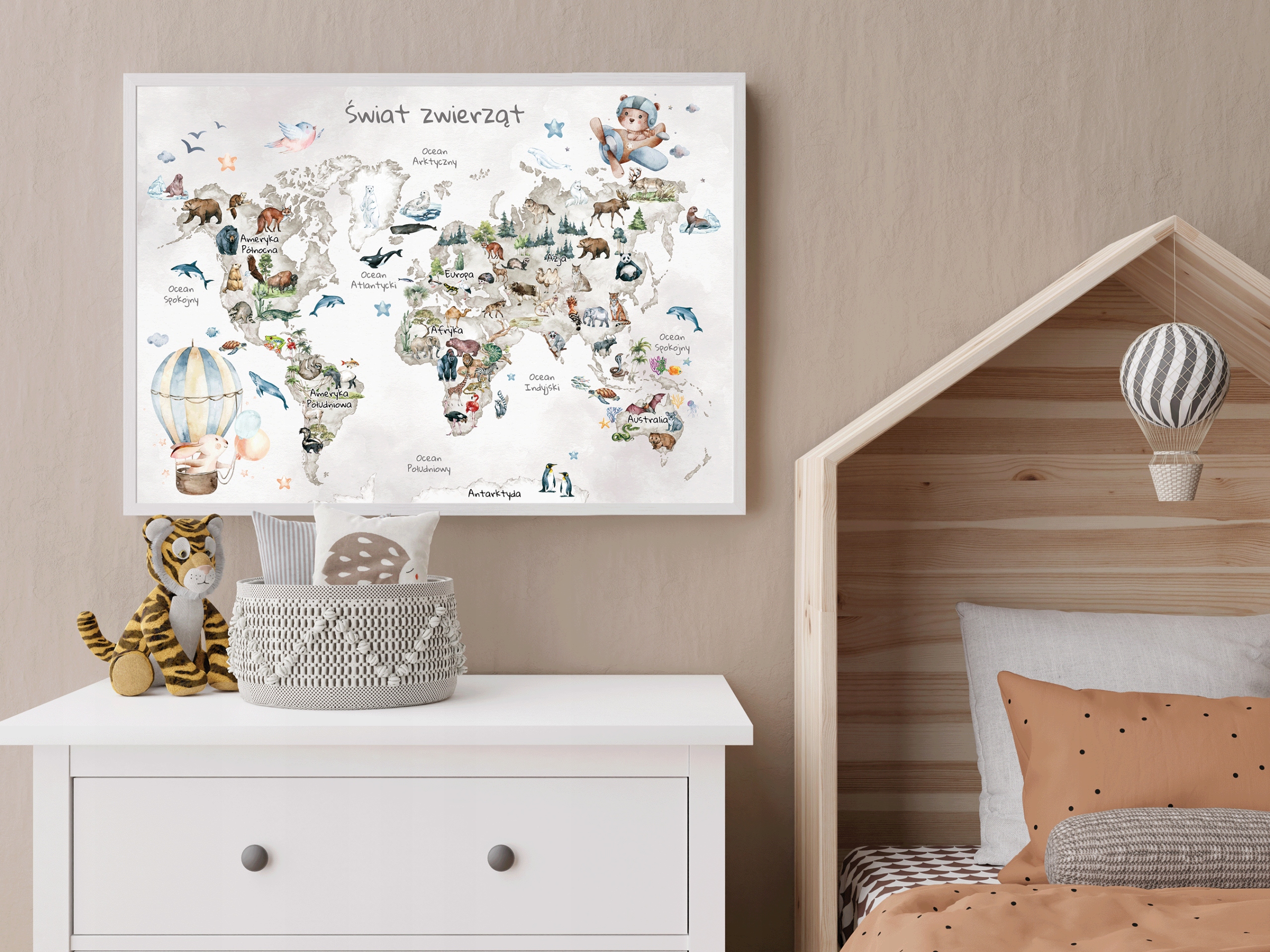 Plakat mapa świata dla dzieci ze zwierzętami 50x70 Długość 50 cm