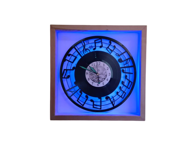 Noty Nástěnné hodiny v dřevěném rámu 35x35x5 cm Led Rgb Vinyl Vinylová deska