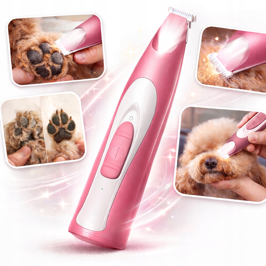 Zastřihovač pro tlapky a drápy psů Led Bezdrátový Tichý 35 dB s svítilnou Růžový