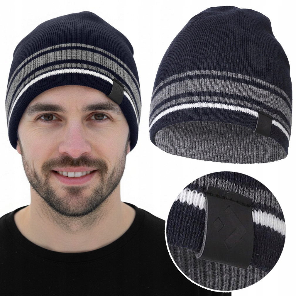 Čepice Pánská s proužky Klasická Podzimní Zimní Teplá Tlustá Moraj Tmavě modrá