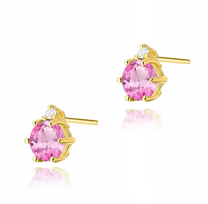 Złote Kolczyki 585 Dla Dziewczyny Kobiety Różowy Topaz i Diamenty