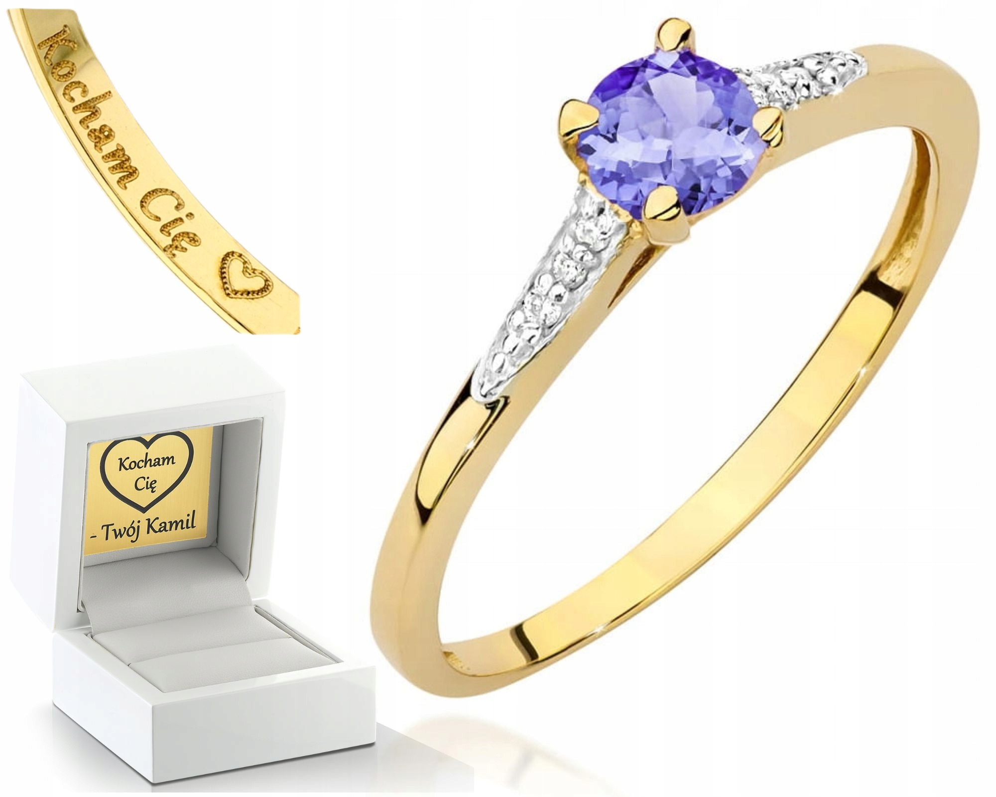 Zlatý Prstýnek Prsten S Diamanty A Tanzanitem, Žluté Zlato, Gravírování 585