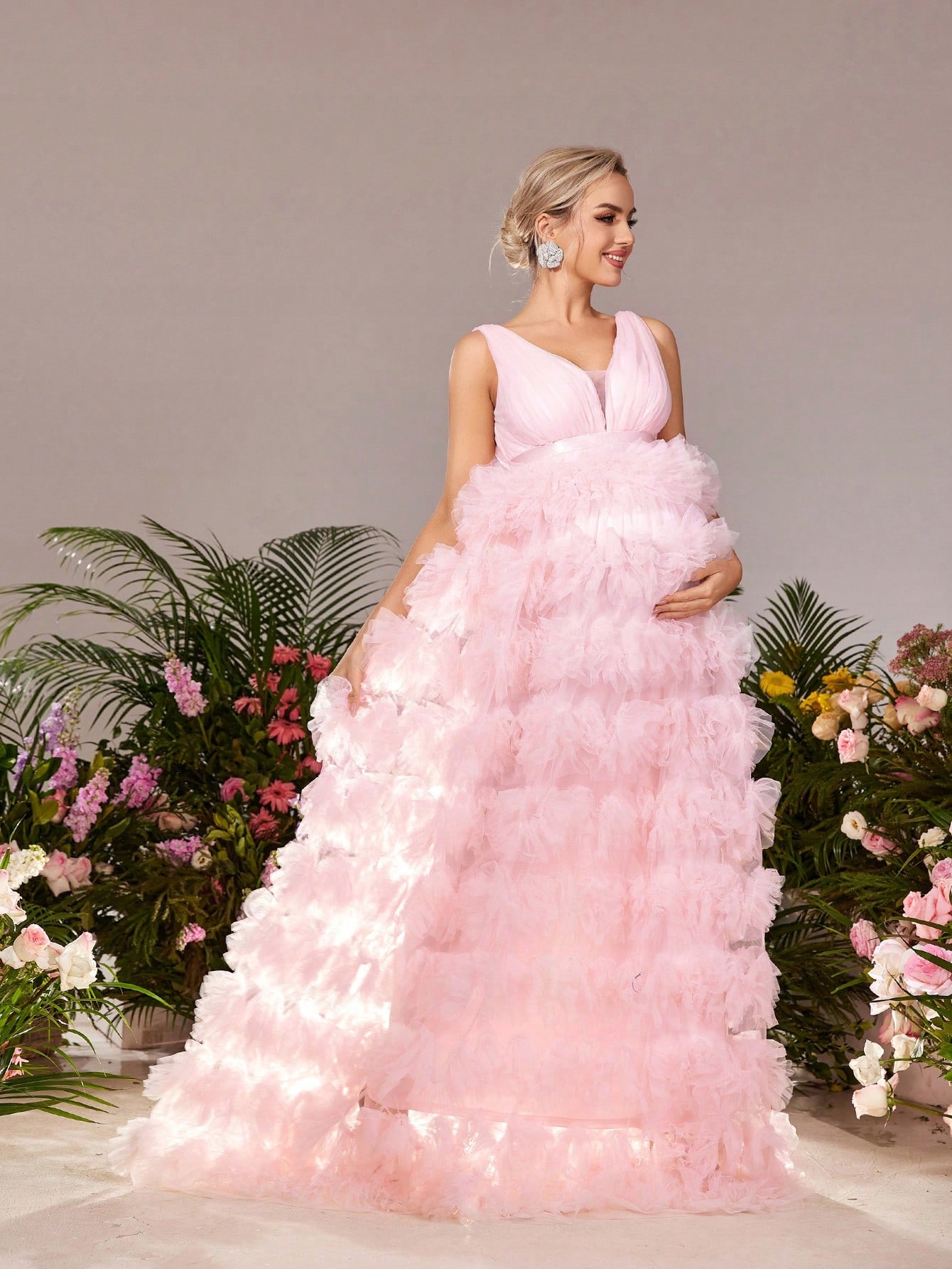 Těhotenská Sukně S Volánky, Hluboký Výstřih, Růžová, Velikost 44