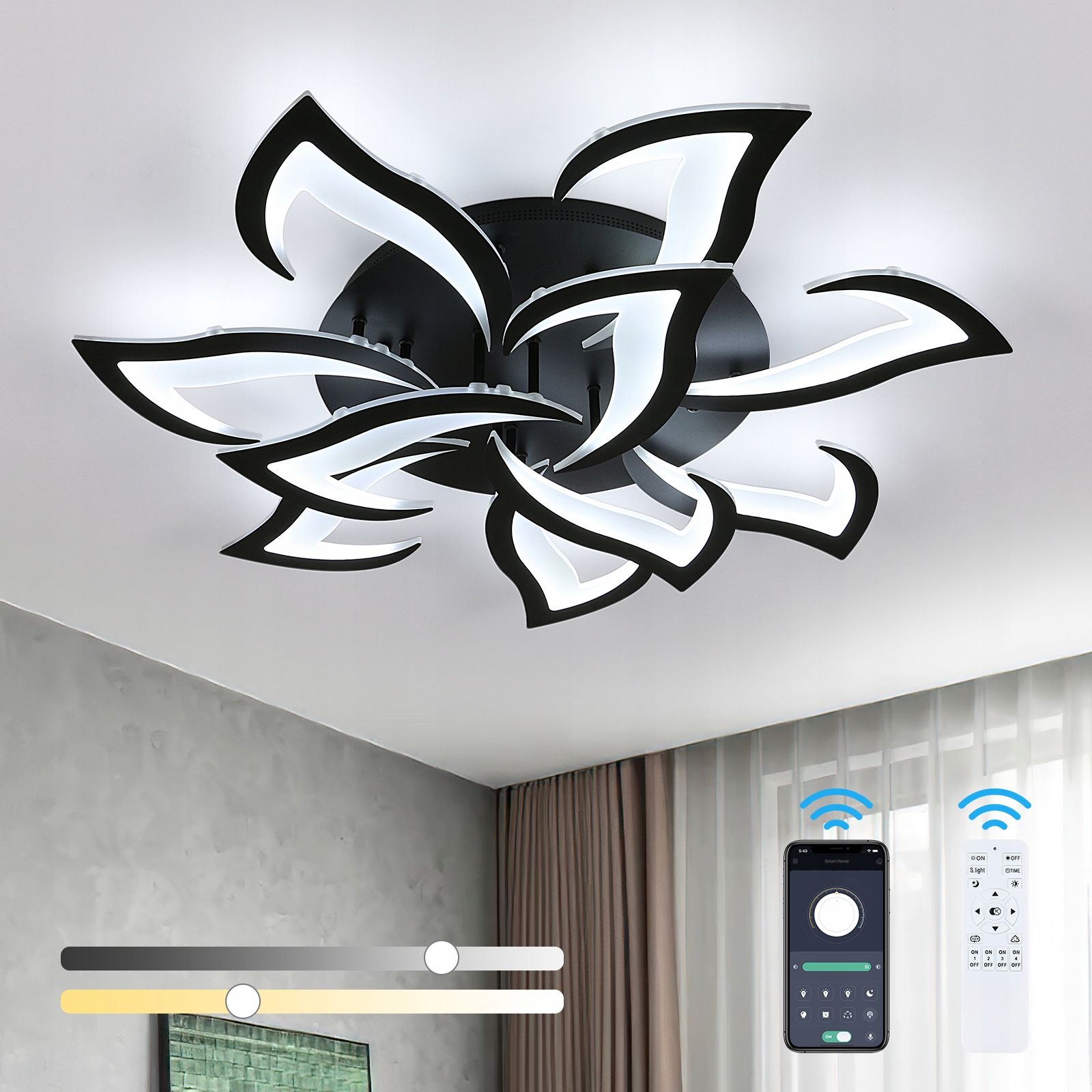 Led stropní svítidlo lustr 10 ramen černý do ložnice s dálkovým ovládáním a aplikací 84W