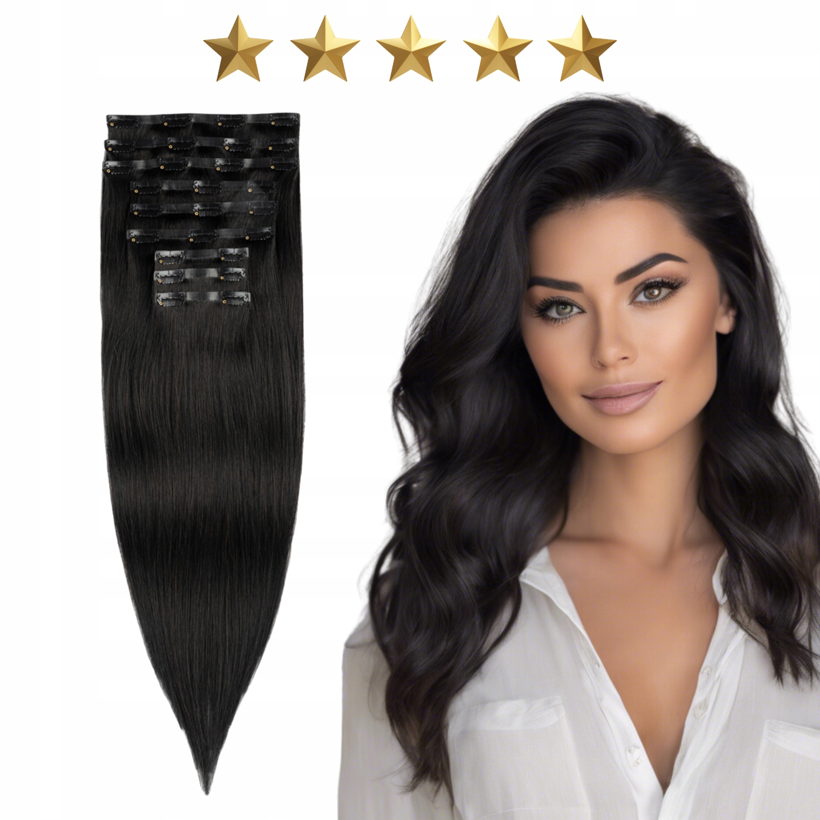 Přírodní připínáčky bezešvé vlasy Clip In 50 cm 180 g #1 černé