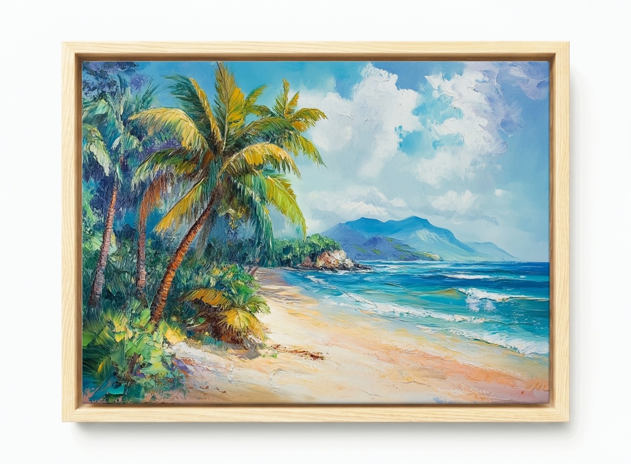 Obraz Rám American Box Olej Exotická Pláž Moře Oceán Palmy Hory 60x40