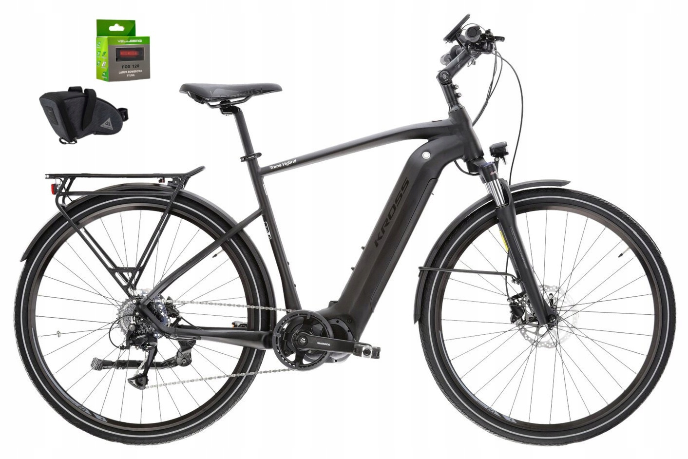 Rower Elektryczny Kross Trans Hybrid 4.0 L Męski sakwa lampka