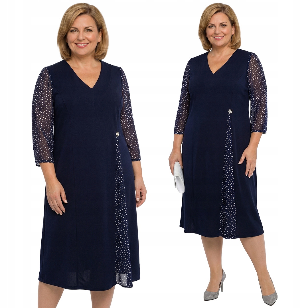 Tmavě modrá šaty s šifonovými rukávy, bílé puntíky a velikost velikost 56/58