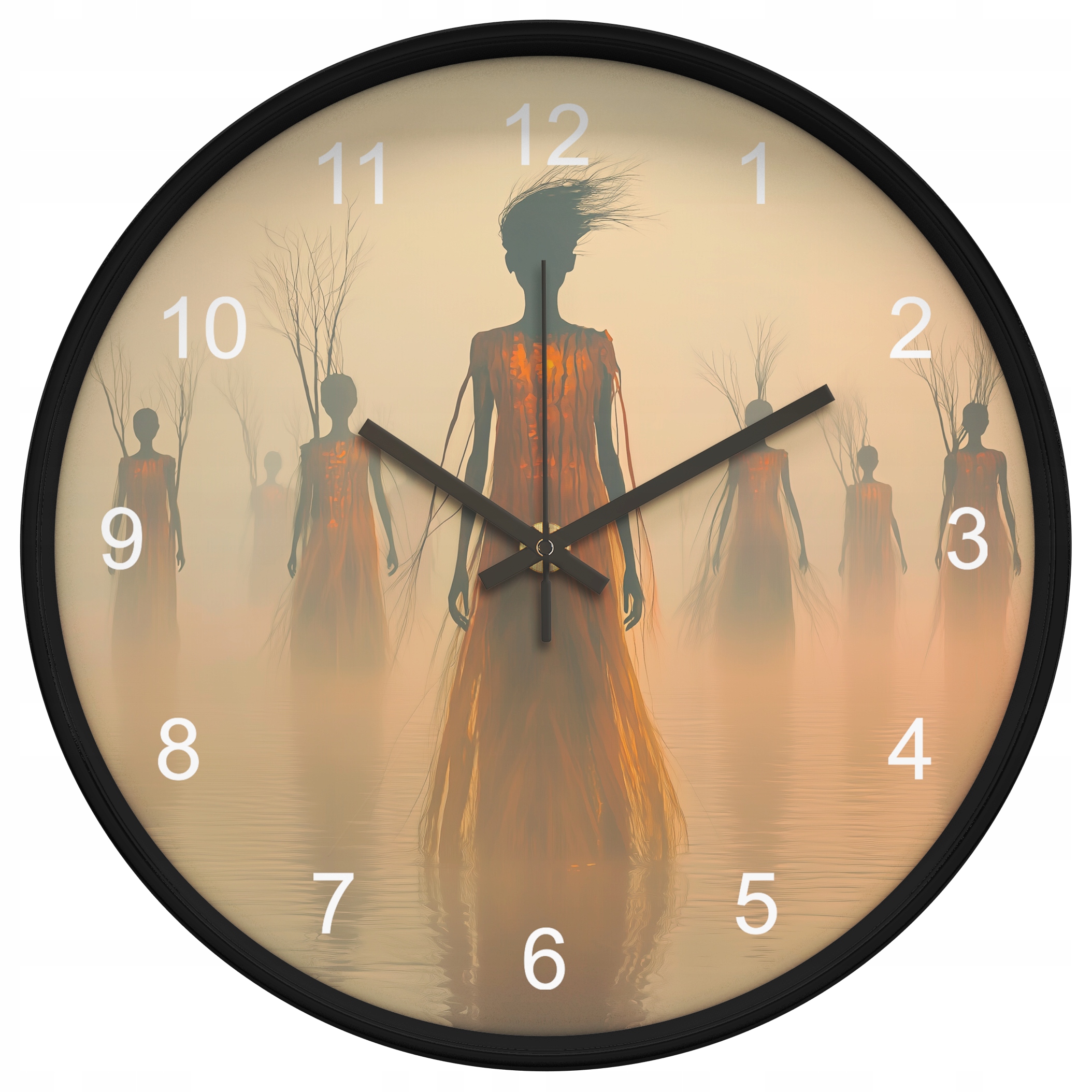 Zegar ścienny eteryczne postacie na tle mglistym do salonu