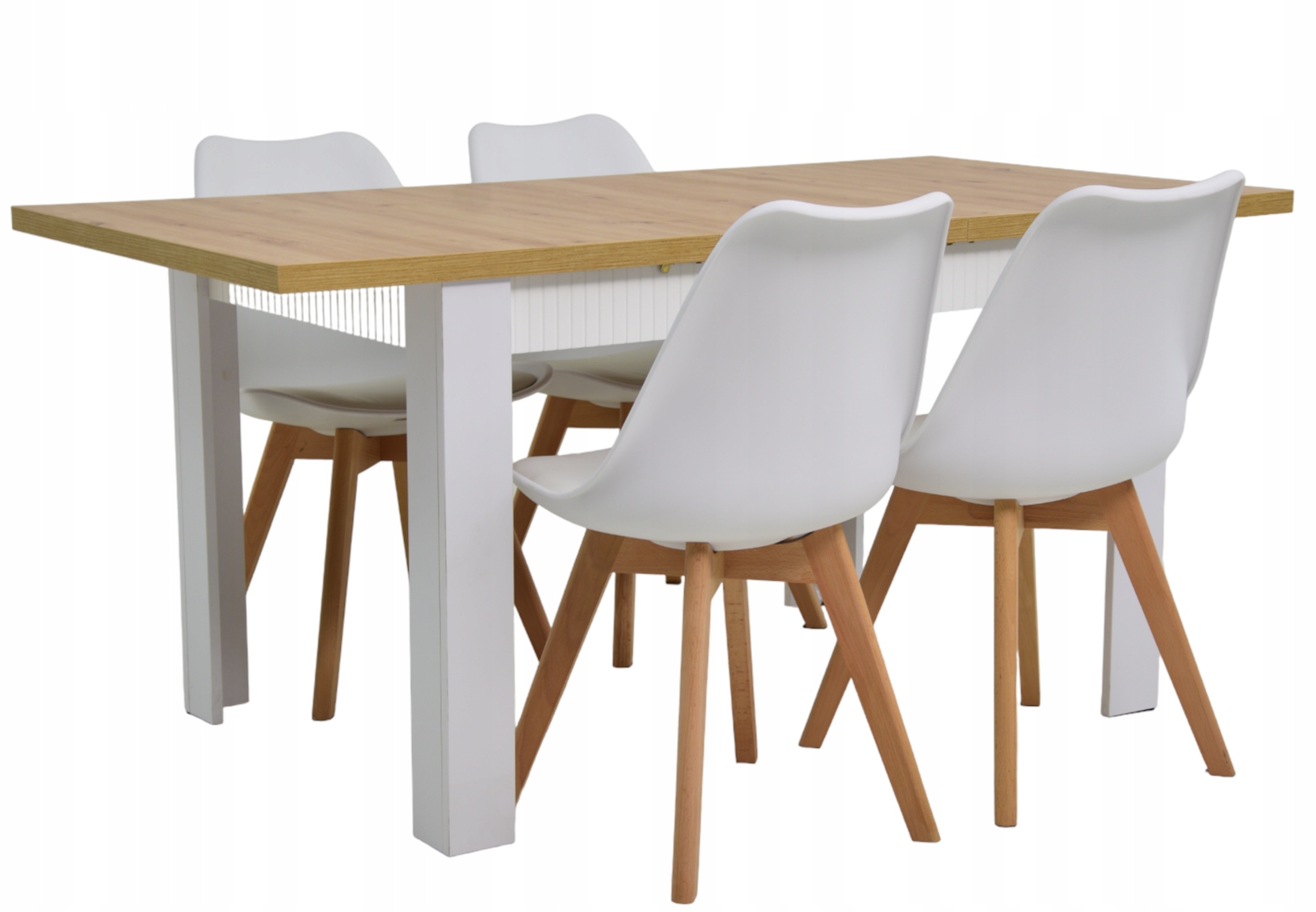 NOWOŚĆ! SKANDYNAWSKI ZESTAW BIAŁY LAMEL 4 KRZESŁA Długość stołu 120 cm