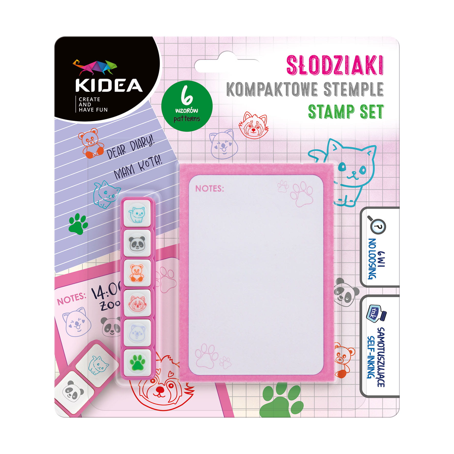 KIDEA Stemple kompaktowe 6 kolorów Słodziak pieczątki stempelki dla dzieci