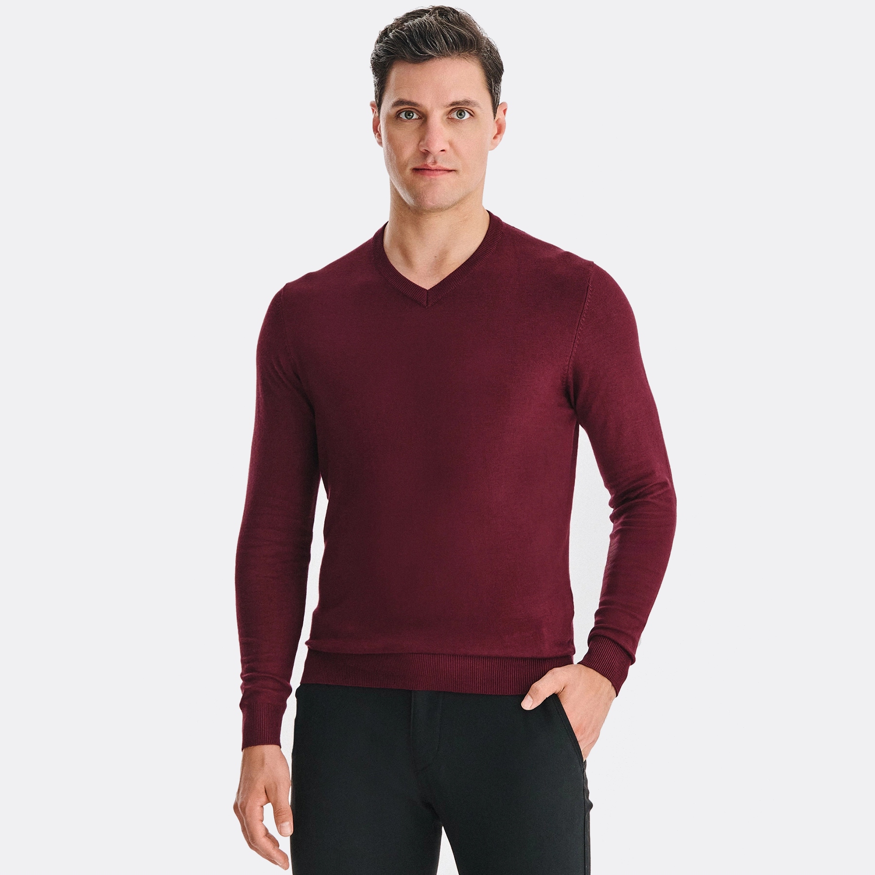 Pánský svetr v-neck v vínové barvě Pako Lorente vel XXL