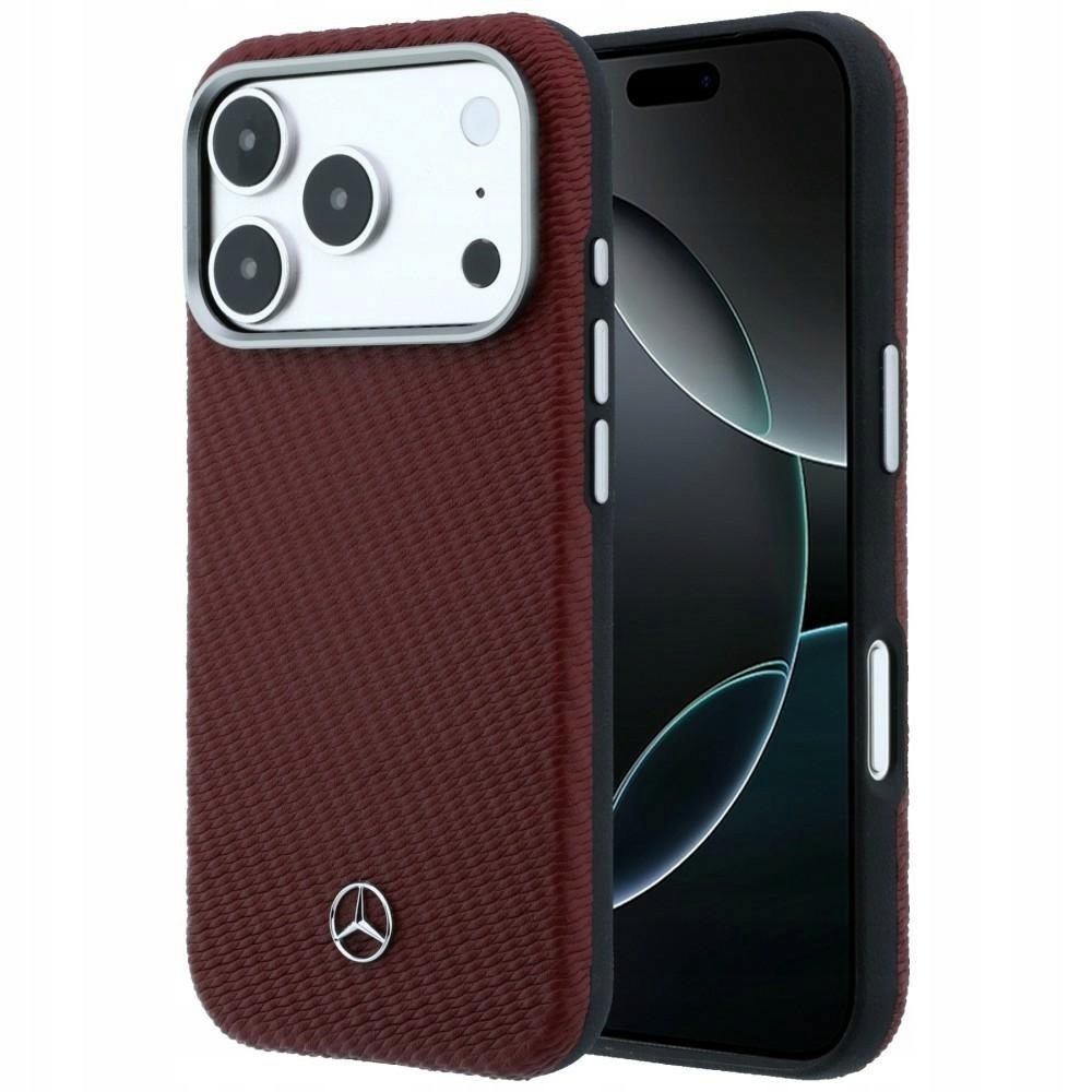 Etui Mercedes Leather Semi Wrap Wood Effect MagSafe do iPhone 17 Pro czerwo