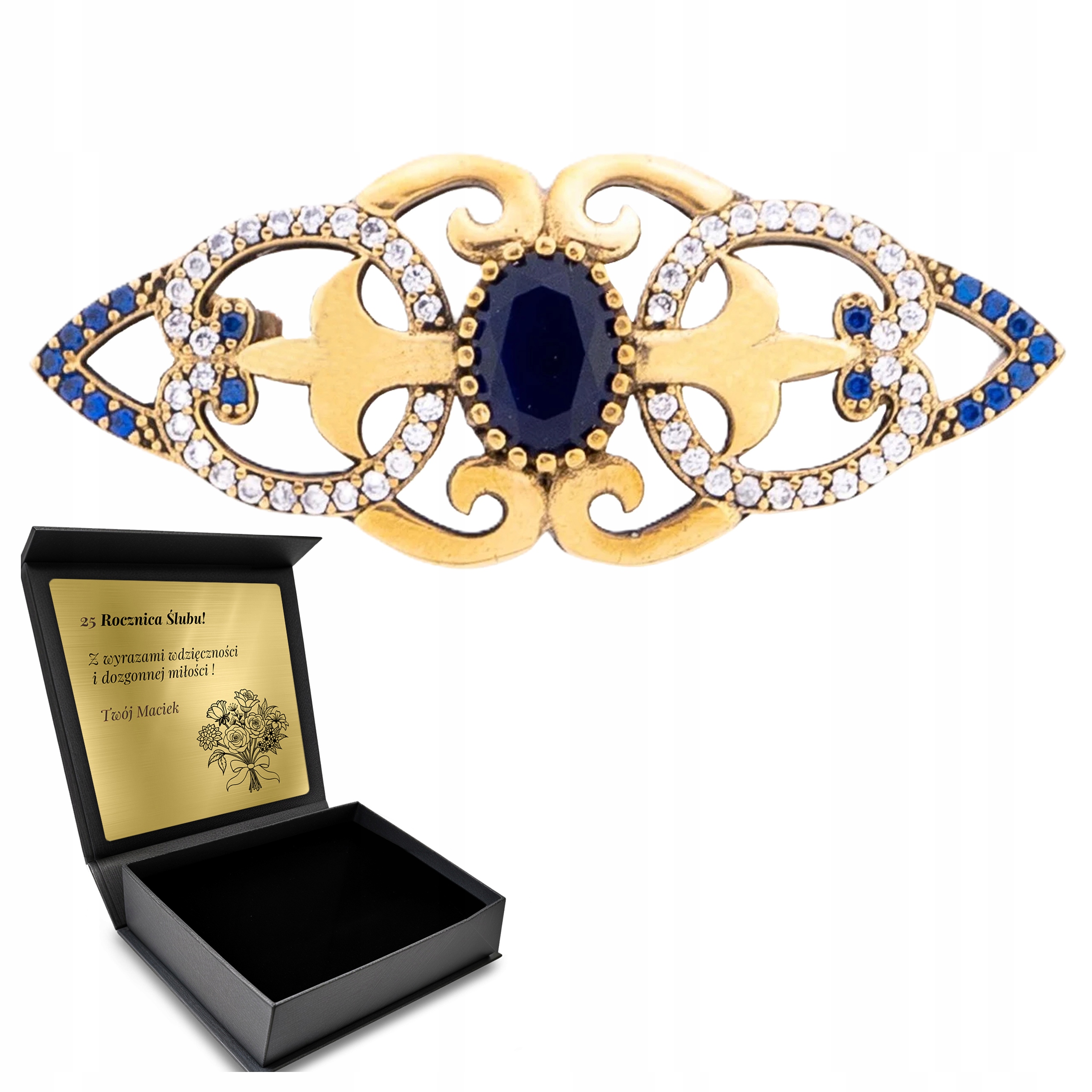 Brož Se Safírovými Zirkony Dárek Den žen Krabička Gravírování