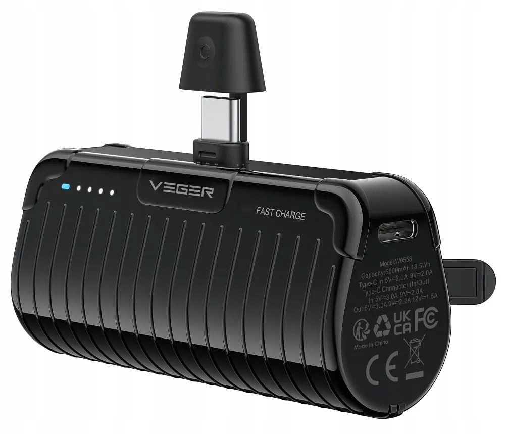 Veger powerbank 5000 mAh z wbudowanym złączem Typ C PlugOn Pd QC3.0 3A 20W