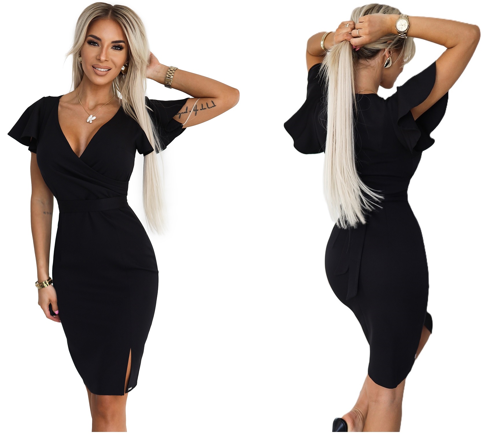 Stylové Přiléhavé Šaty S Velkým Výstřihem, Zavazování V Pase, Černá, Velikost XL