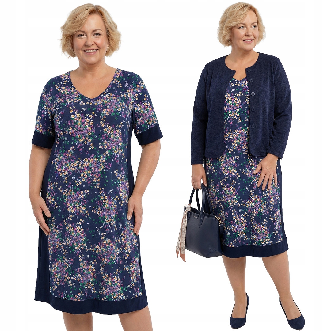 Tmavě modrá šaty s barevnými květy a velikostí velikost 52/54