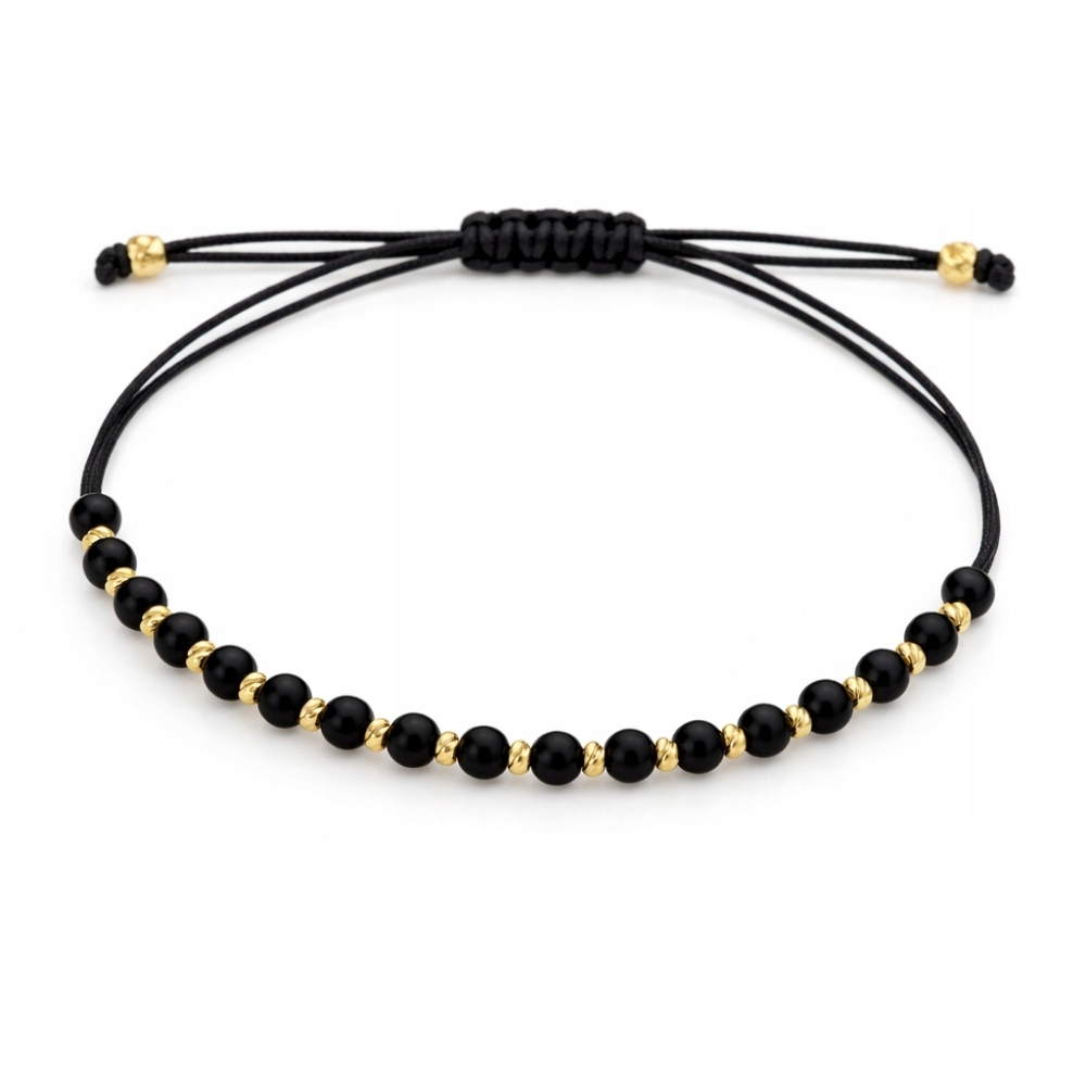 Náramek Na Provázku Černý, Zlaté Diamantové Kuličky 585 Elegantní