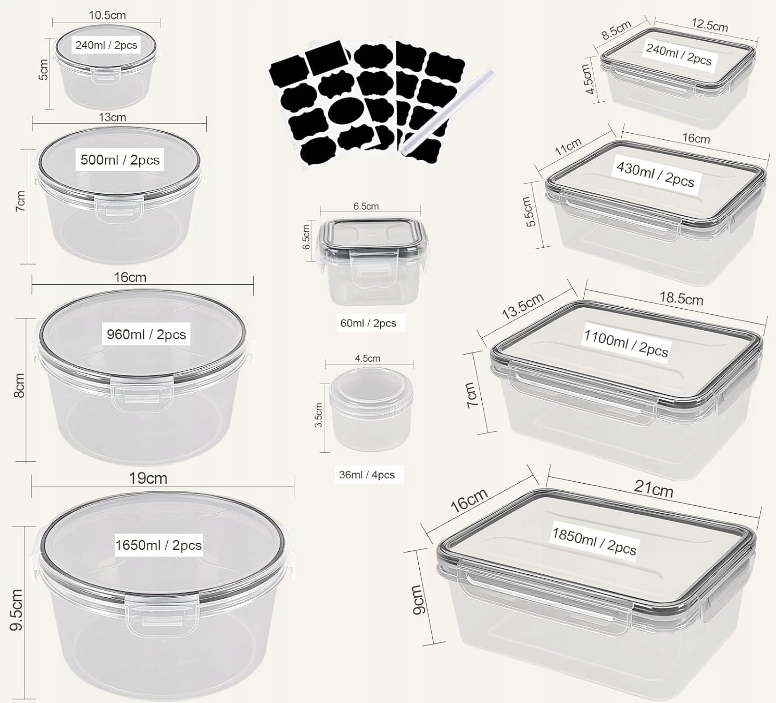 POJEMNIKI PLASTIKOWE NA ŻYWNOŚĆ JEDZENIE PUDEŁKA HERMETYCZNE ZESTAW 22 SZT. Producent inny