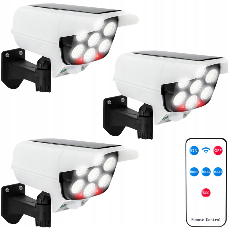 3x Solarna Atrapa Kamery Zewnętrzna Czujnik Ruchu Zmierzchu 2w1 Lampa Led