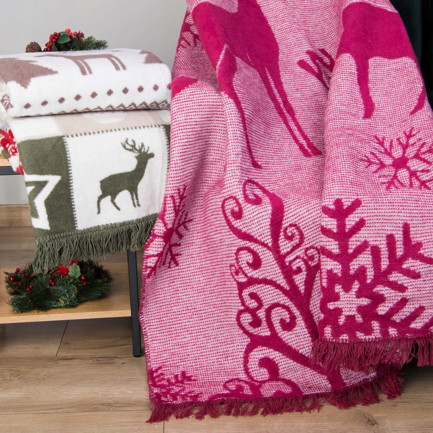 Vánoční deka 150x200 Bavlněná Teplá Tlustá 450 g/m2 Růžová Sobík