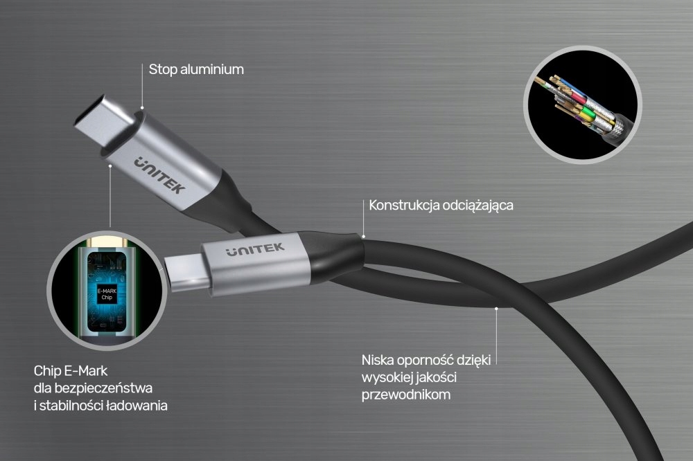 Kabel Przewód Unitek USB-C na USB-C 10Gbps 4K 60Hz 20V/5A 100W Długość kabla 1 m