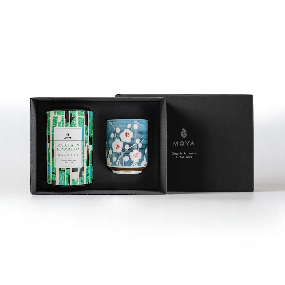Dárková sada zelený čaj Moya Matcha Iri Genmaicha a hrnek Sogen