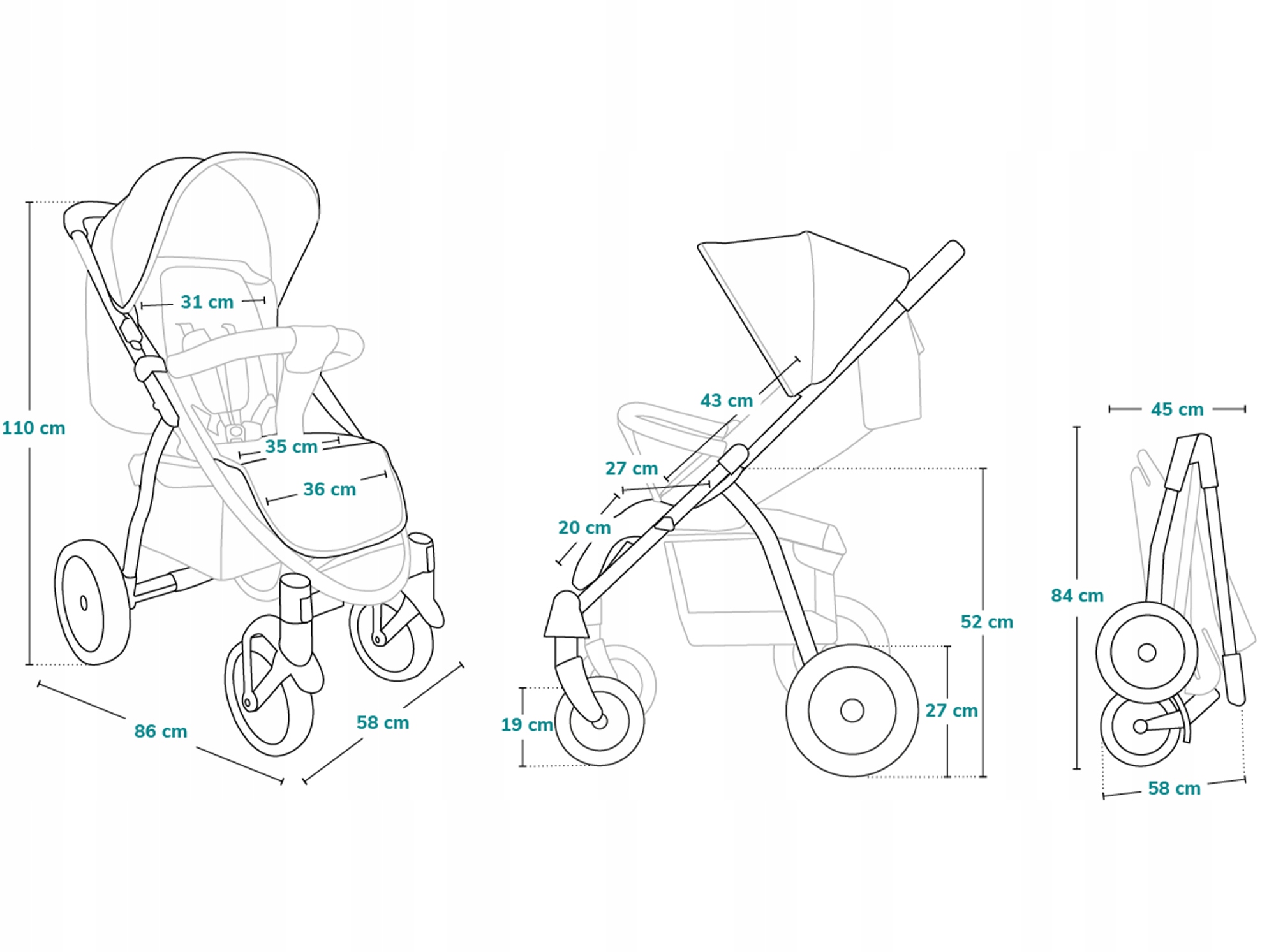 WÓZEK SPACEROWY DO 22KG DUŻE KOŁA ZESTAW AKCESORIÓW LIONELO ANNET Szerokość produktu 57 cm