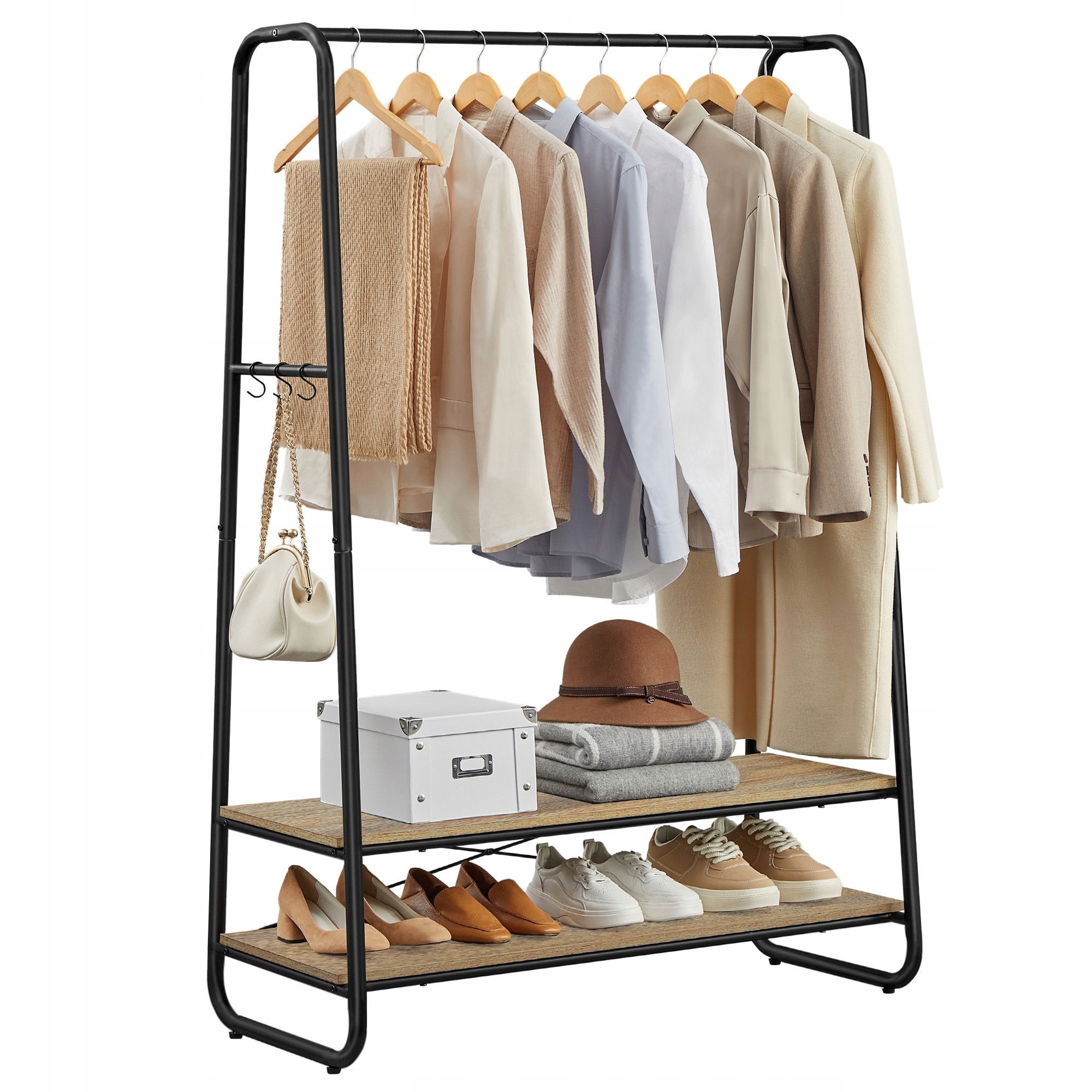 Stojaci vešiak na oblečenie, šatňová lavička, 2 police, čierno-hnedá, 160 cm