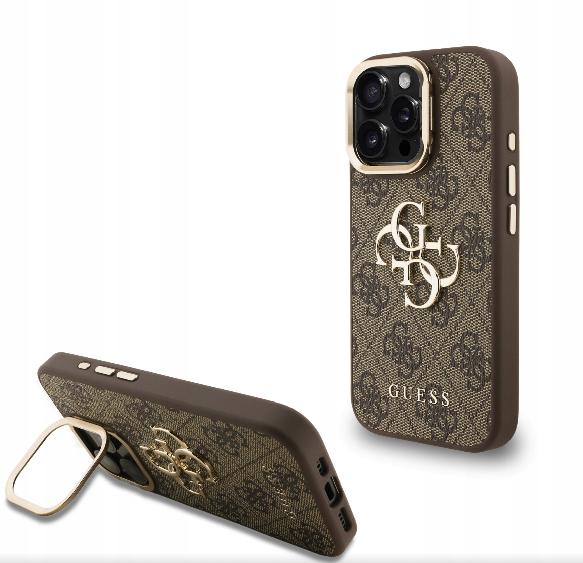 Guess Pu 4G Metal Logo Stand Pouzdro pro iPhone 15 Pro, bronzová barva