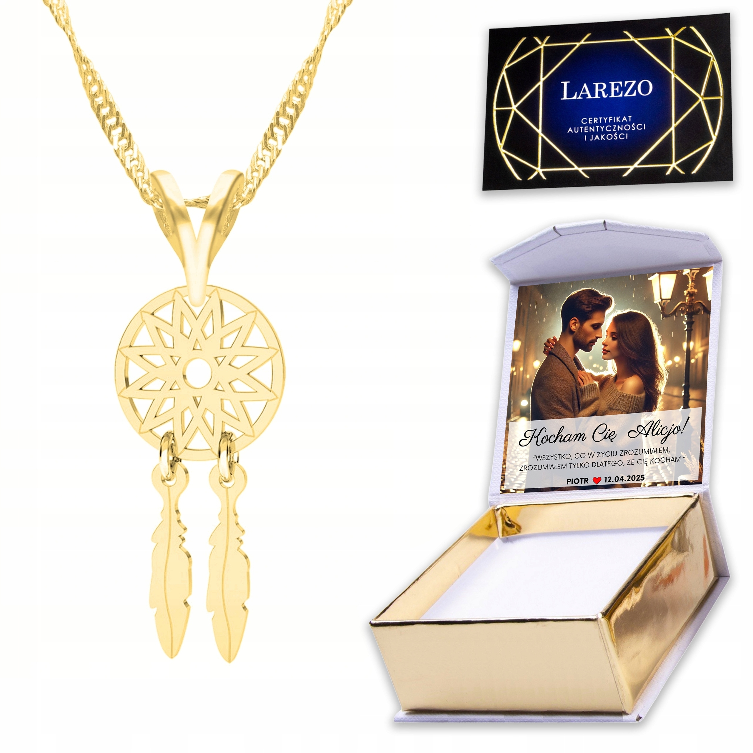 Zlatý náhrdelník 925 s lapačem Lapač Snů Dreamcatcher Sen Noc Potisk