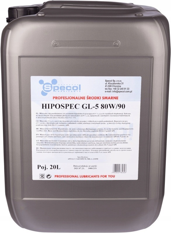 Olej Specol 80W90 20L GL5 Hypospec Prevodový 80W90 GL5 20L