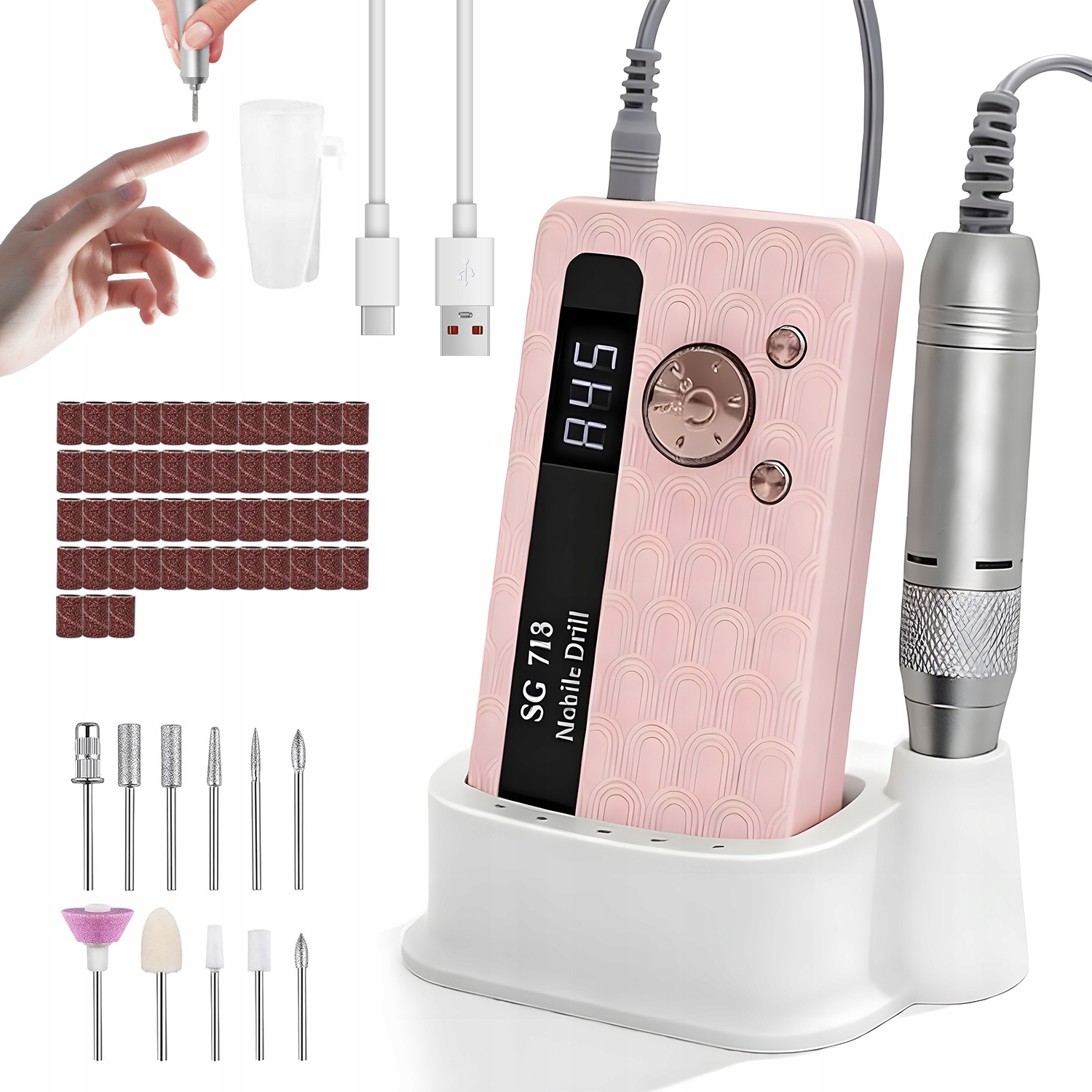 Pilník Na Nehty Elektrický Led Usb 51 Proužků 45000 Rpm 3600 Mah Růžový