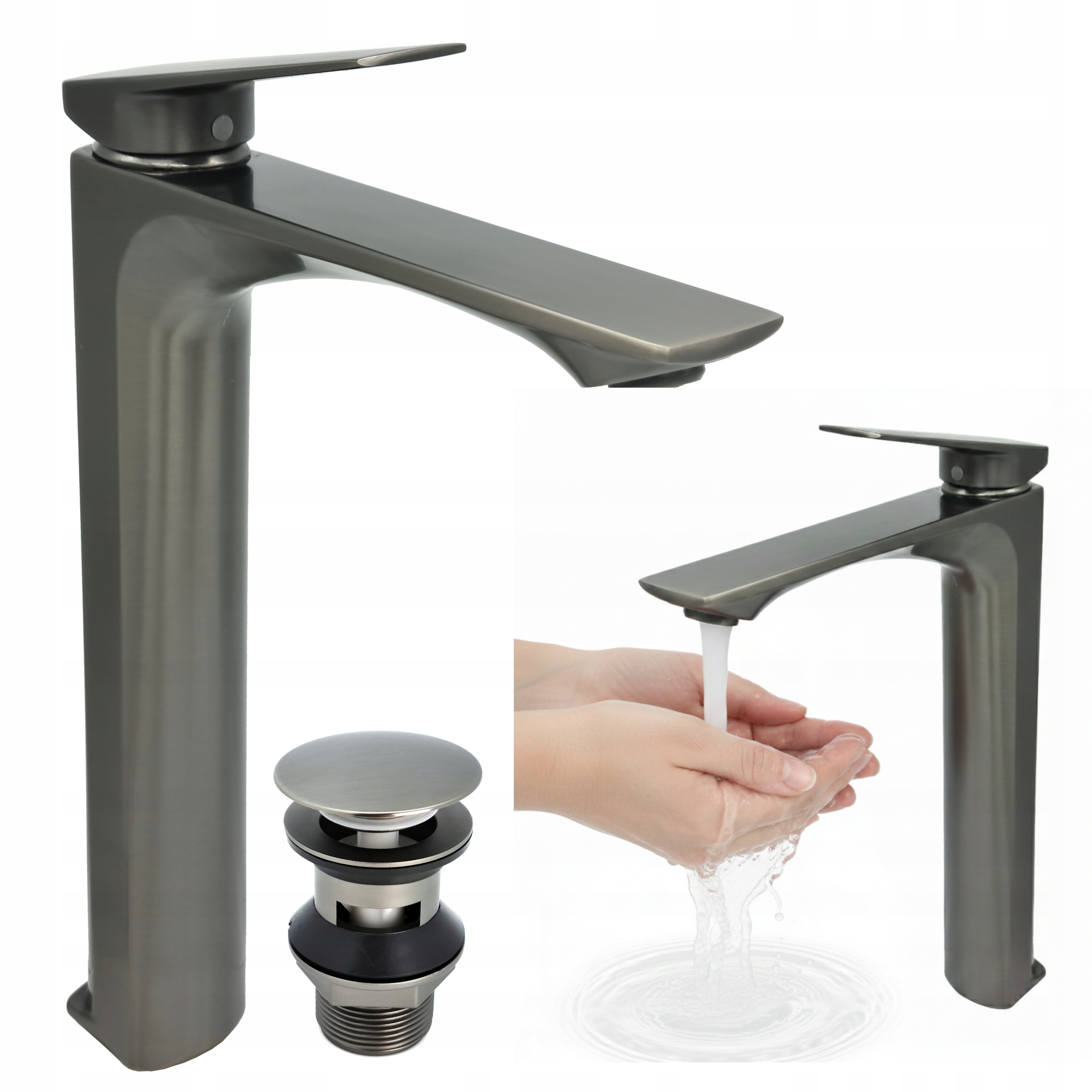 Bateria Umywalkowa Nablatowa Stojąca Gun Metal Wysoka System Szybki Montaż