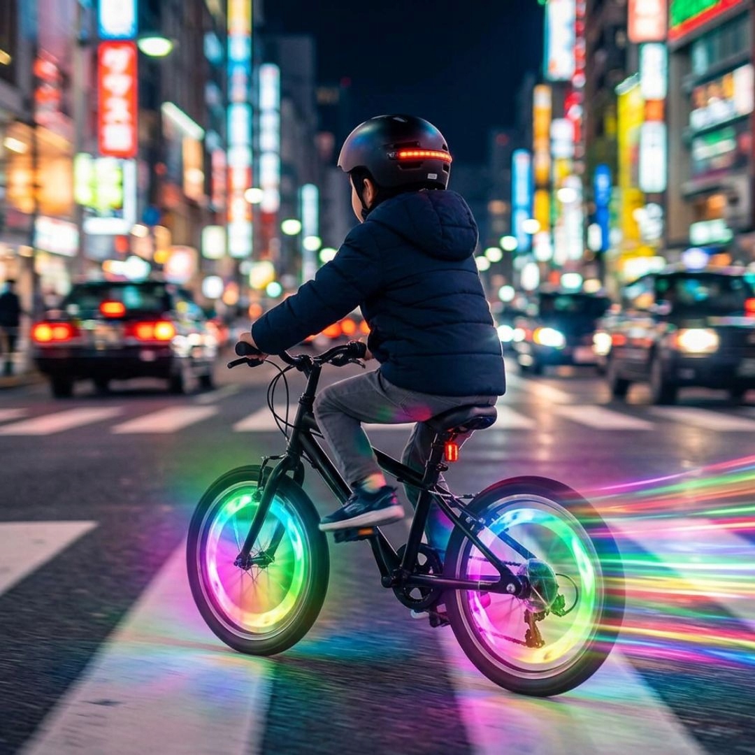 LAMPKA ROWEROWA LED NAKŁADKA NA KOŁO ROWEROWE ŚWIECĄCA W NOCY DO ROWERU 1X Zasilanie bateria