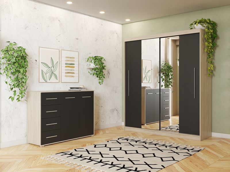 Zestaw szafa przesuwna RICO 200 lustro komoda FRIDA szuflady KOLORY PREMIUM Kolor mebla biały czarny dąb sonoma wielokolorowy