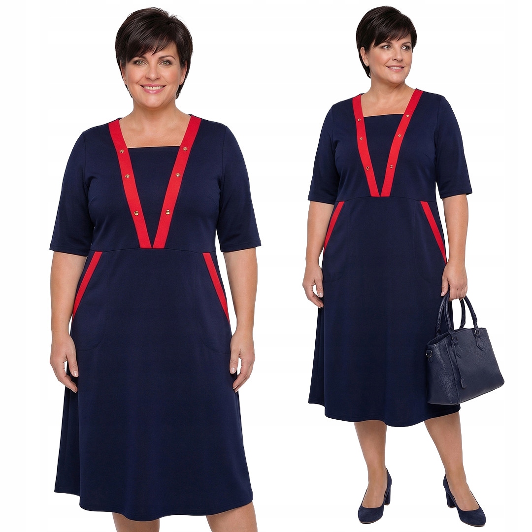 Šaty tmavě modrá, červený výstřih plus size velikost 64