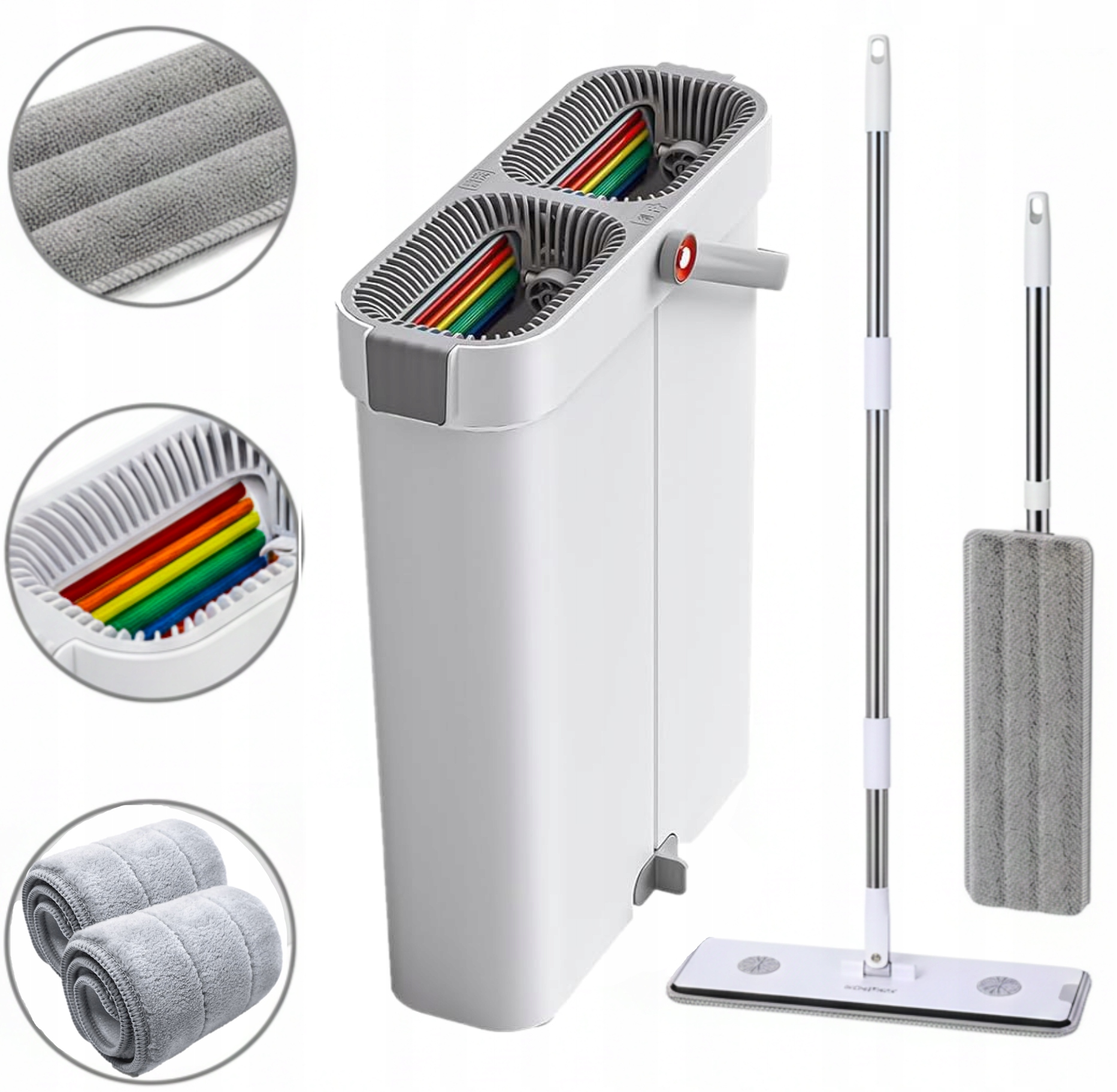 Levně Plochý Mop XL Úzký Kbelík Slim Dvoukomorový Se Ždímačem 2 Vložky 40 cm