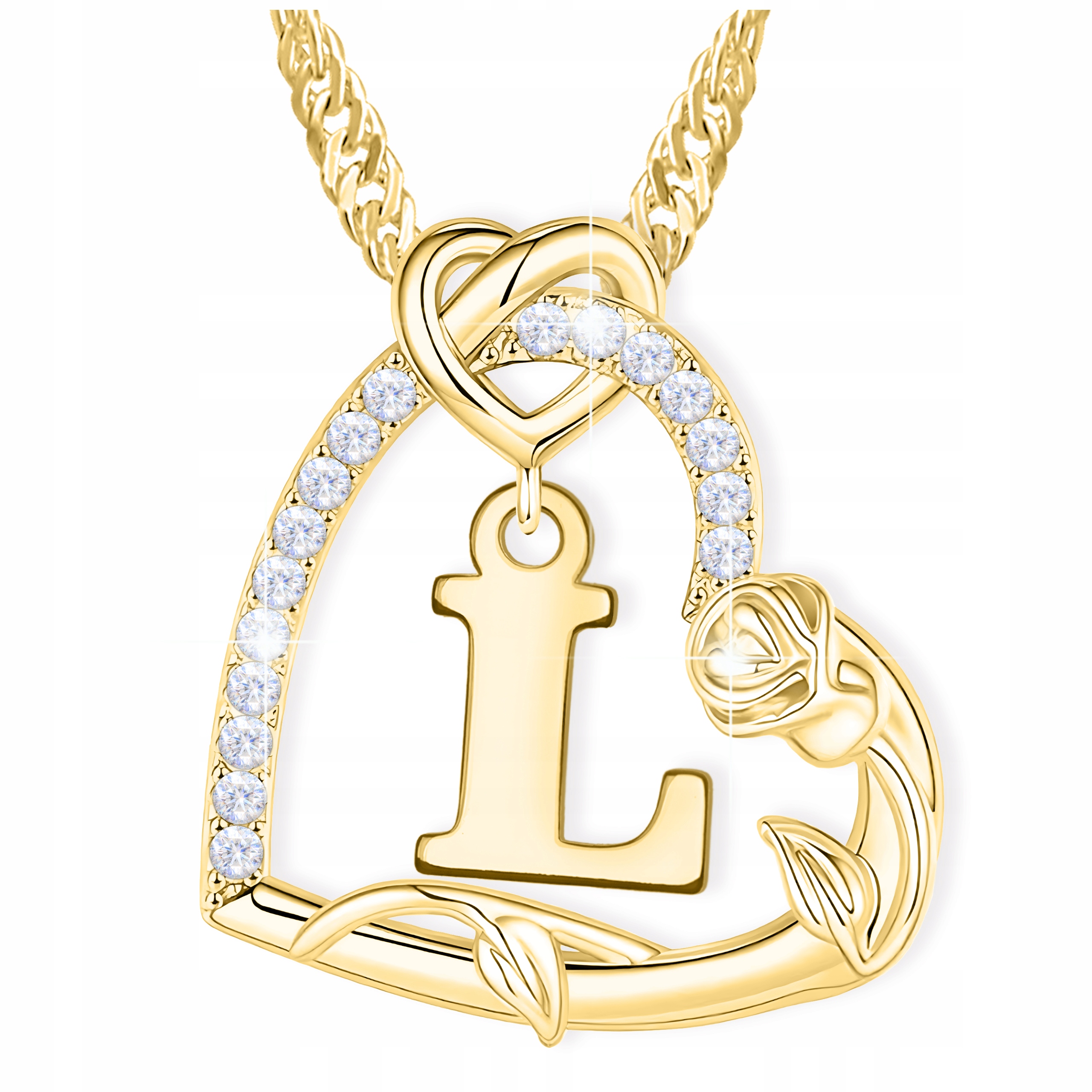 Zlatý náhrdelník s písmenem písmenka L Srdce s zirkony Květ růže Stříbro 925