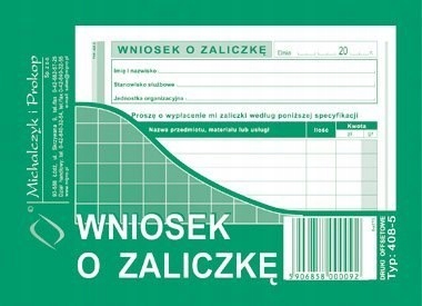 

Druczek Druk Wniosek o zaliczkę A6 40 kartek