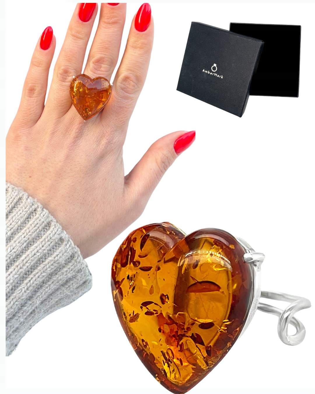 Stříbrný prstýnek srdce z baltského jantaru stříbro 925, nastavitelný