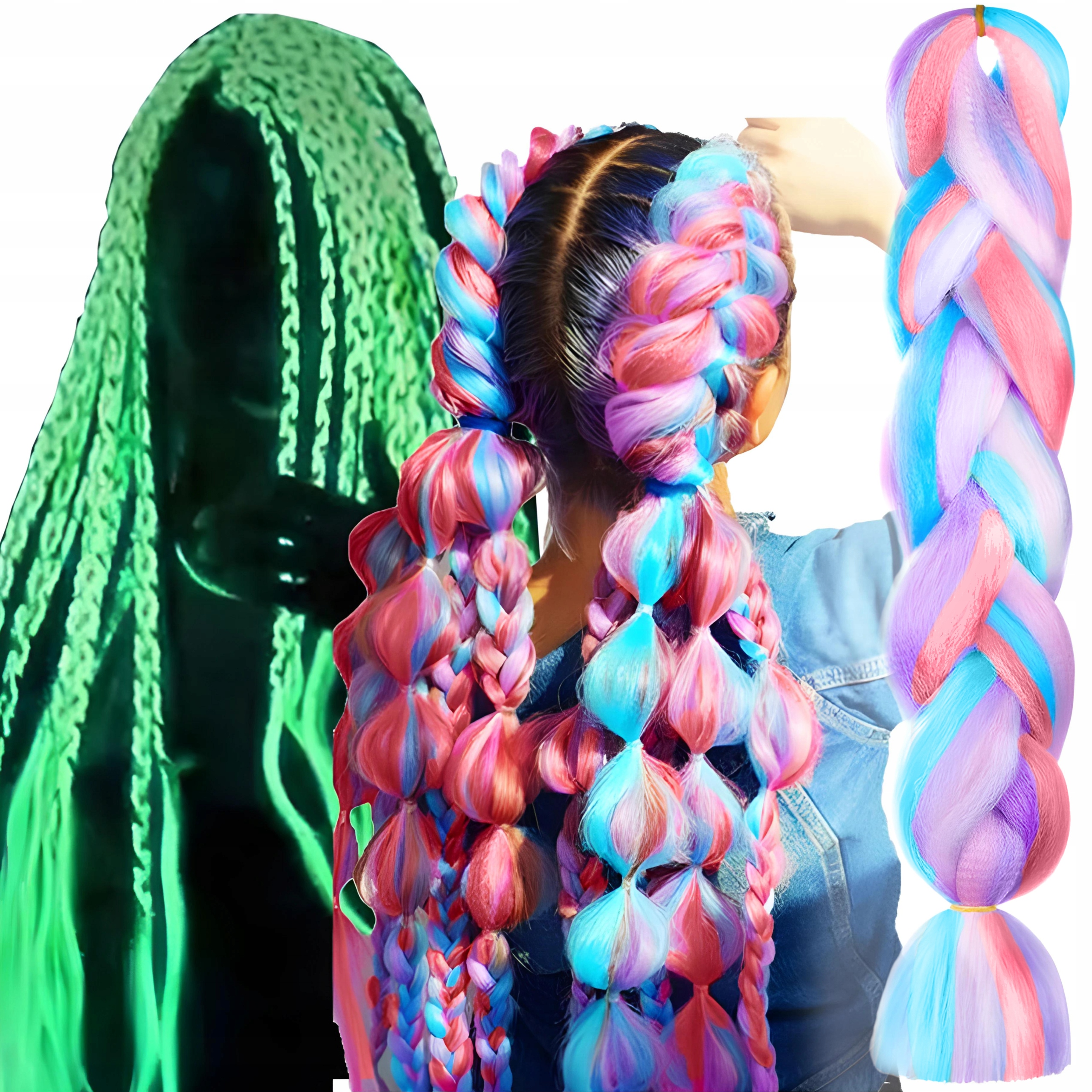 Włosy syntetyczne na warkoczyki ŚWIECĄCE KOLOROWE do warkoczyków dla dzieci