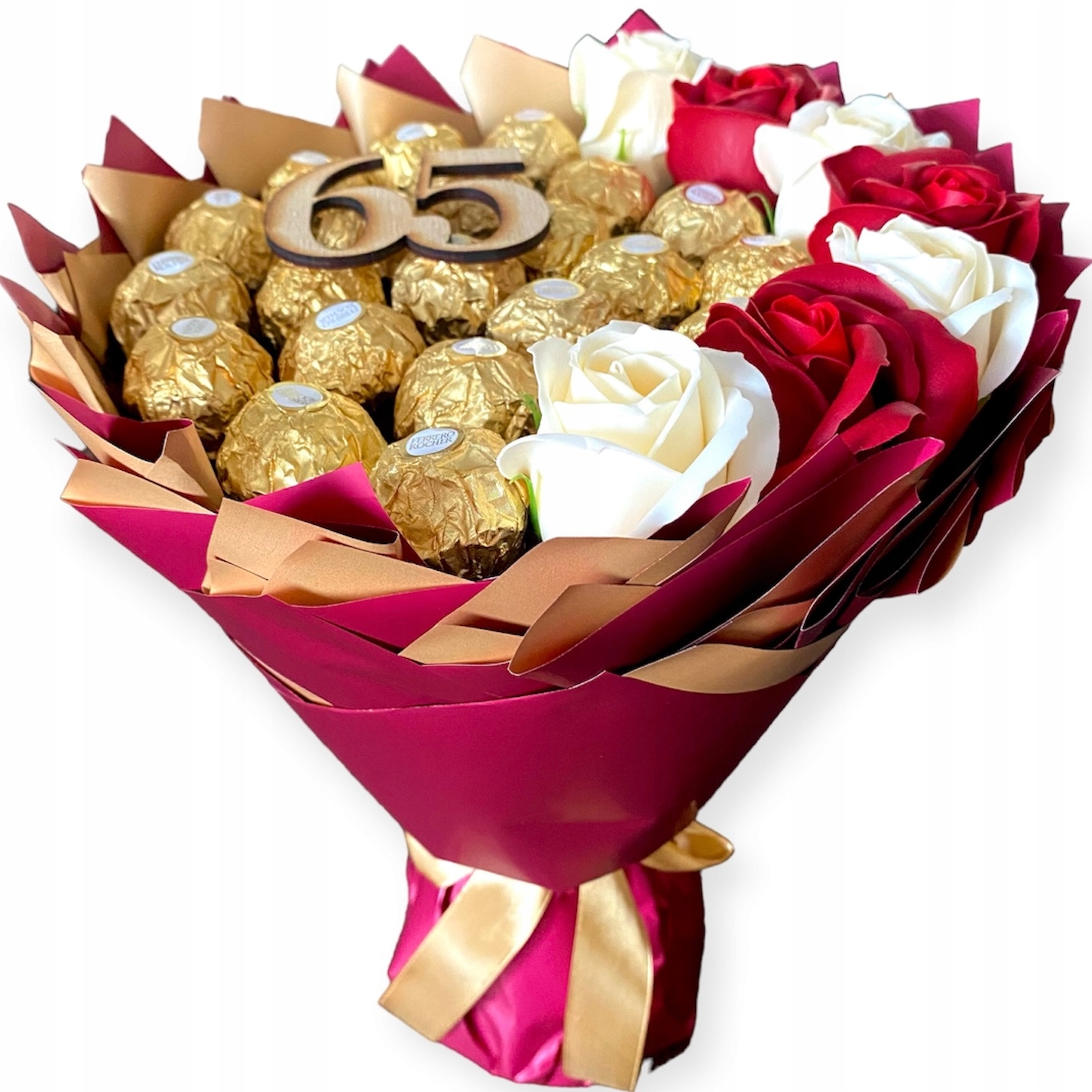 Słodki Bukiet Ferrero Rocher Urodziny 40 50 55 60 65 70 75 Emerytura +napis