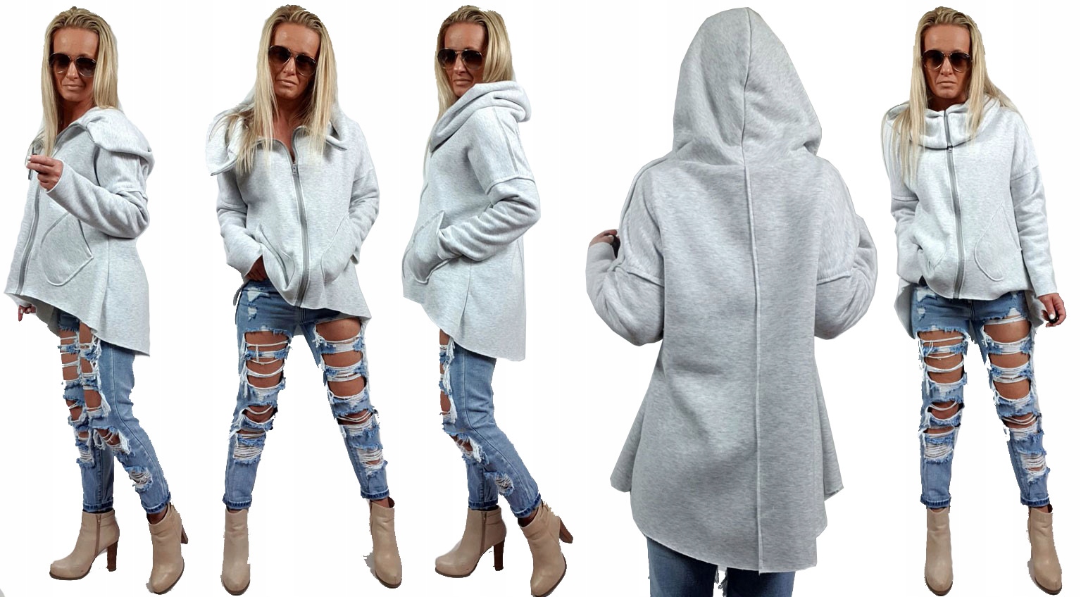 ASYMETRYCZNA BLUZA TUNIKA KARDIGAN KOMIN KAPTUR M